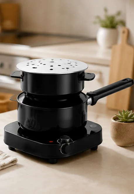 A black electric frying pan placed on a kitchen counter, showcasing its sleek design and cooking surface.